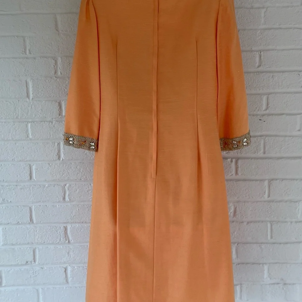 Bespoke Vintage Orange Shantung Silk Dress with Embellished Neckline - Picture 9 of 10